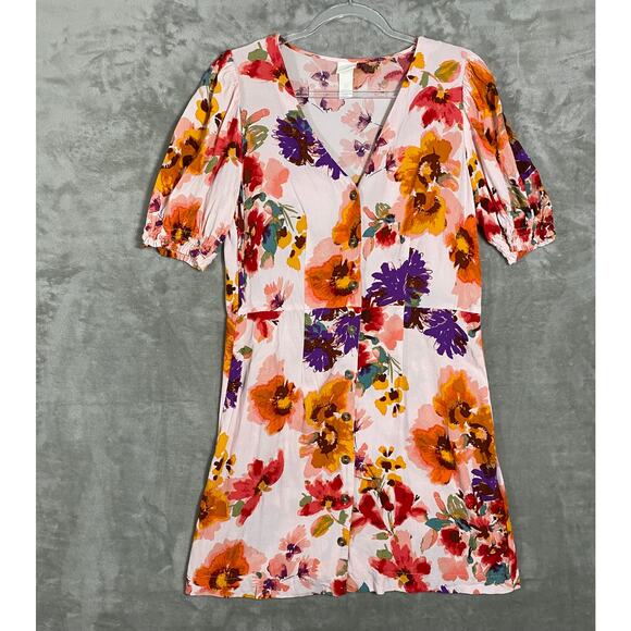 Women's Floral Puff Short Sleeve Button Down Summer Spring Shirt Dress Large - Picture 2 of 8